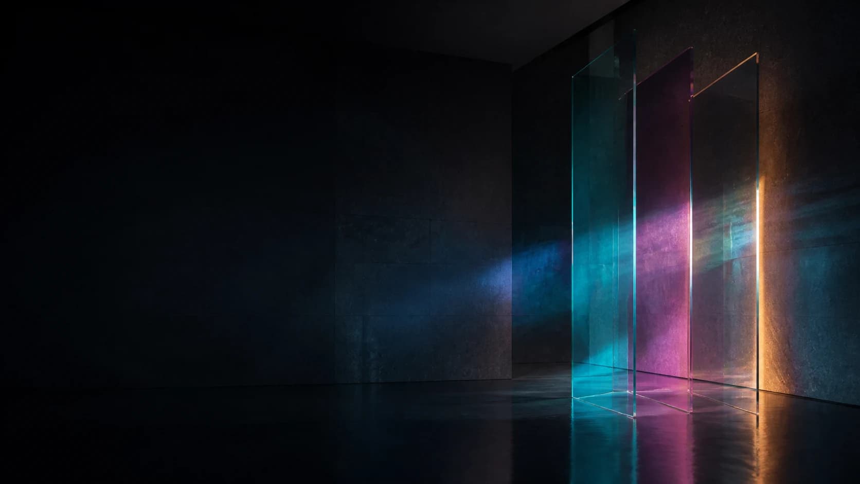 Generated chromatic architecture with cyan, magenta, and amber light refracting through glass on the right and dark copy space on the left
