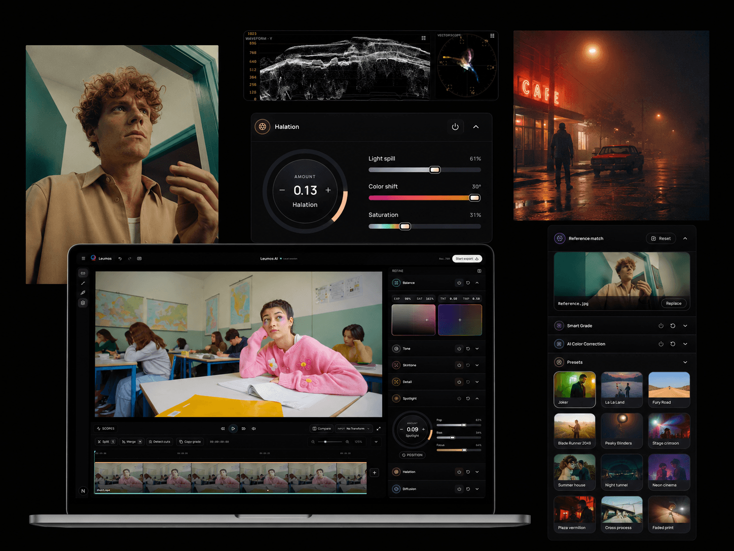 Leumos Studio interface preview showing the video workspace, grading controls, and selected-scene timeline.